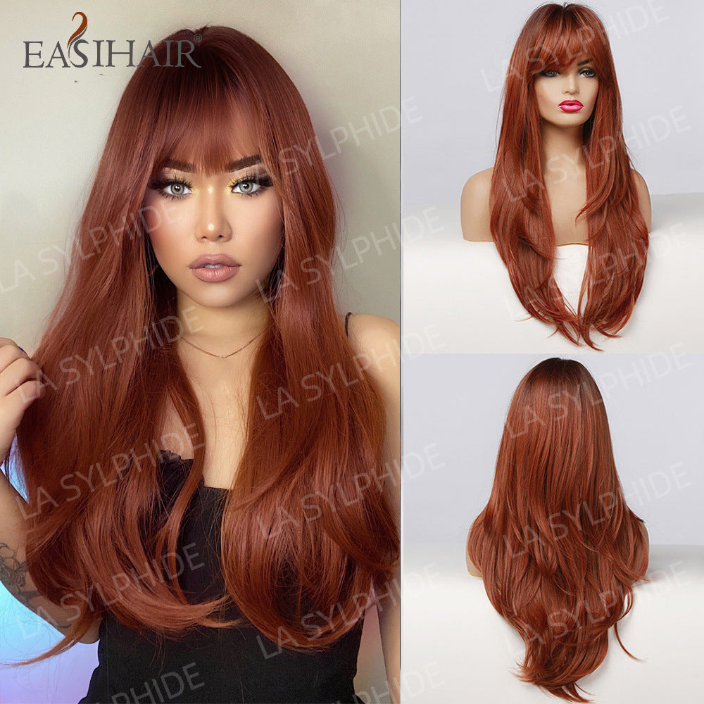 Red Brown Hair Side Bangs Female Mechanism Long Straight Wig