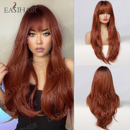 Red Brown Hair Side Bangs Female Mechanism Long Straight Wig