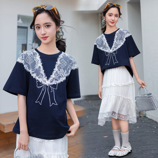 Women's Short Sleeve Large Size Loose Lace Patchwork Easy Matching Half Children's T-shirt