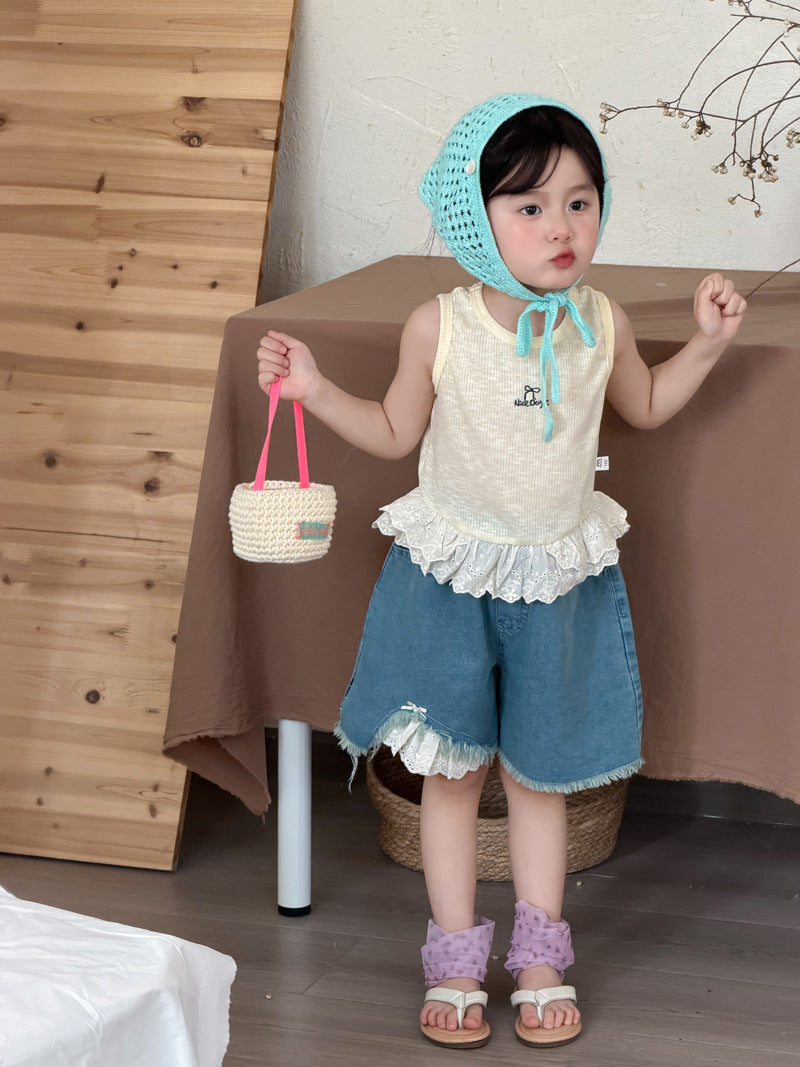 Children's Field Korean Style Tasseled Jeans Summer Lace Worn Fashionable Denim Children's Pants