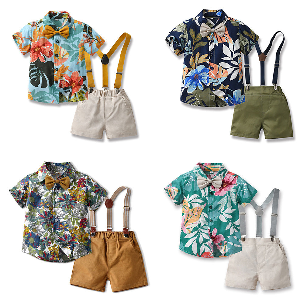 Children's Printed Short-sleeved Cardigan Fashion Strap Shorts Children's Suit
