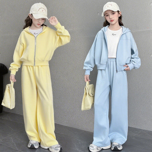 Large Hooded Zip Cardigan Sweater Straight Wide Leg Pants Children's Suit