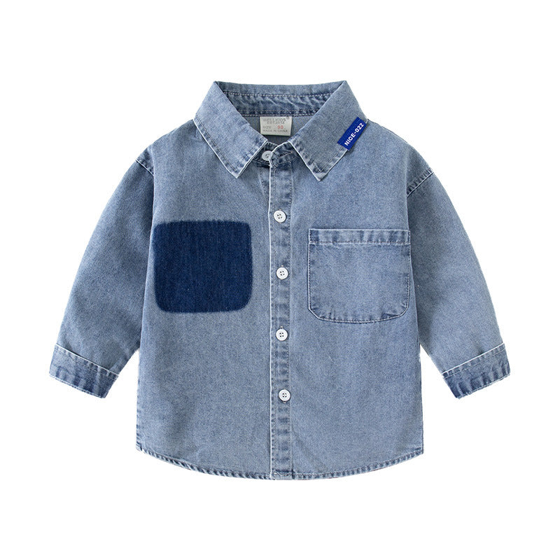 Children's Trendy Denim Long-sleeved Lapel Small Pocket Casual Autumn Children's Shirt