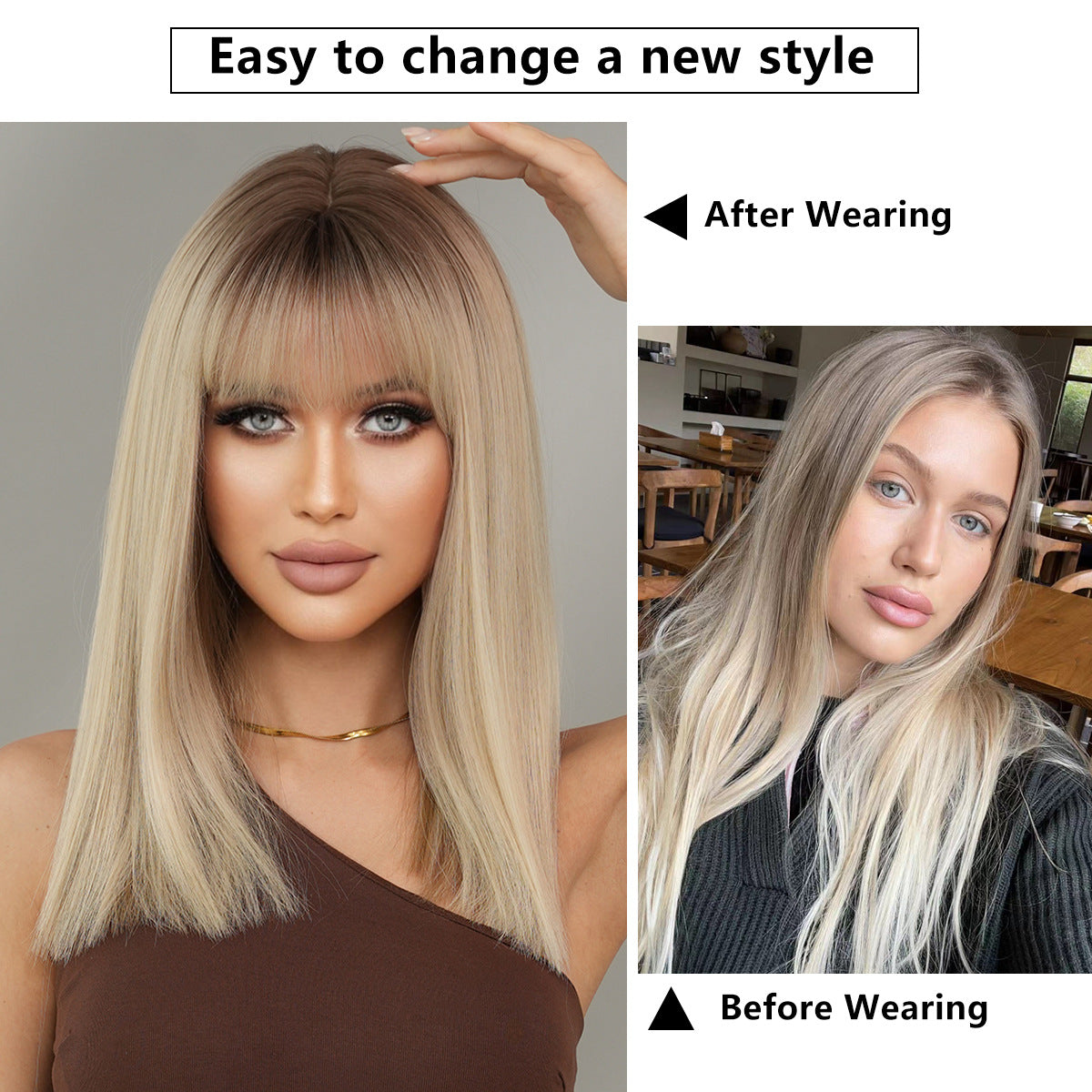 Women's High Quality For Bangs Linen Golden Wig Short Straight Hair