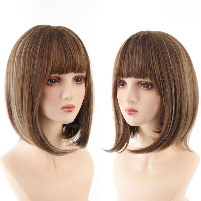 Women's Mixed Color Bangs Head Dyed Light Brown Daily Commuter Wig Short Straight Hair