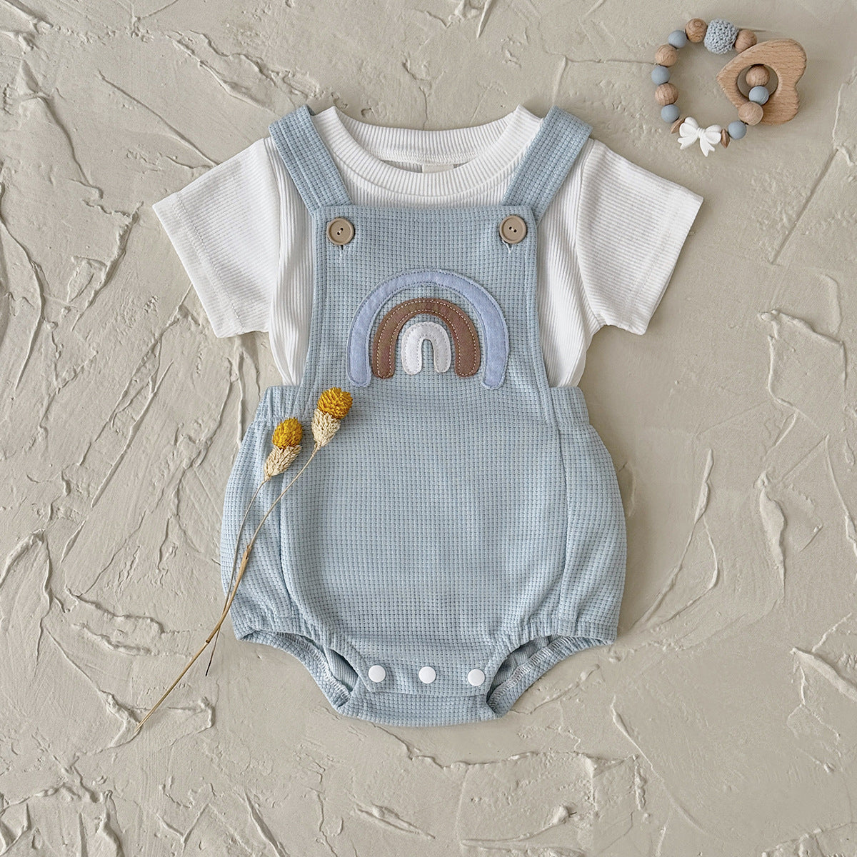 Summer Infant Shoulder Button Rainbow Pattern Jumpsuit Round Neck Thin Jumpsuit, Climbing Suit