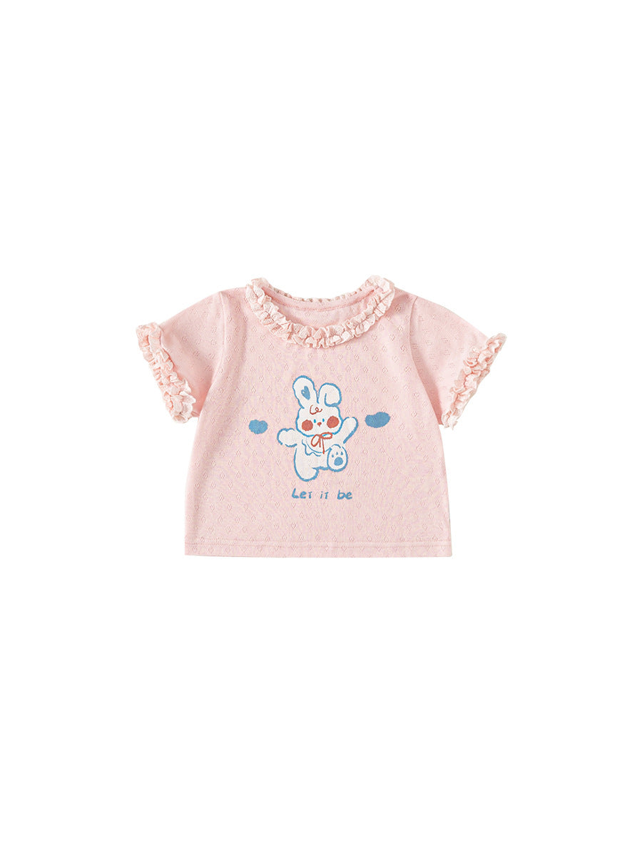 Children's Clothing Cute Printed Top Round Neck Lace Solid Color Short Children's T-shirt