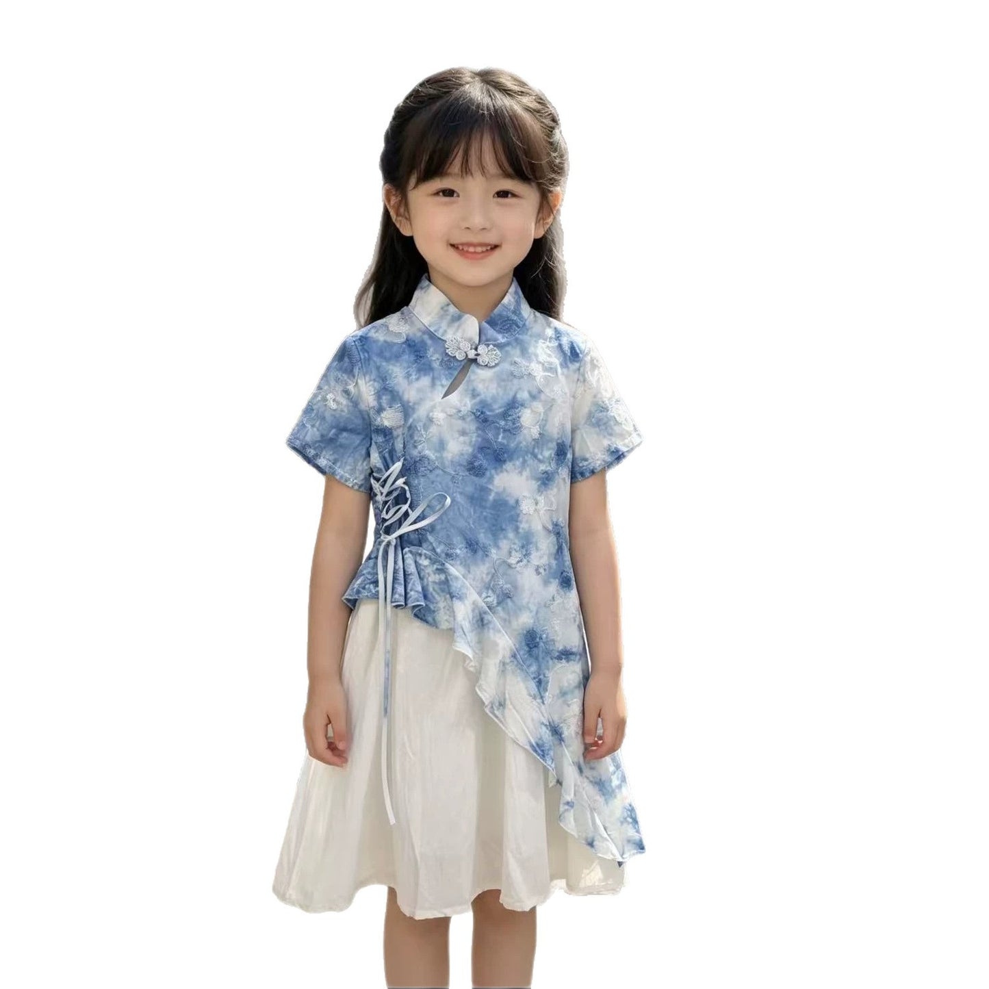 Summer Chinese Style Ethnic Radix Plant Handmade Western Frog Button Children's Dress