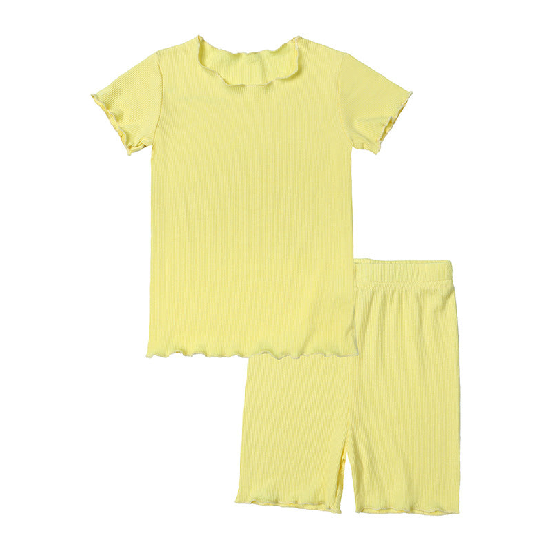 Children's Style Sunken Stripe Wooden Ear Shorts Set Candy Children's Suit