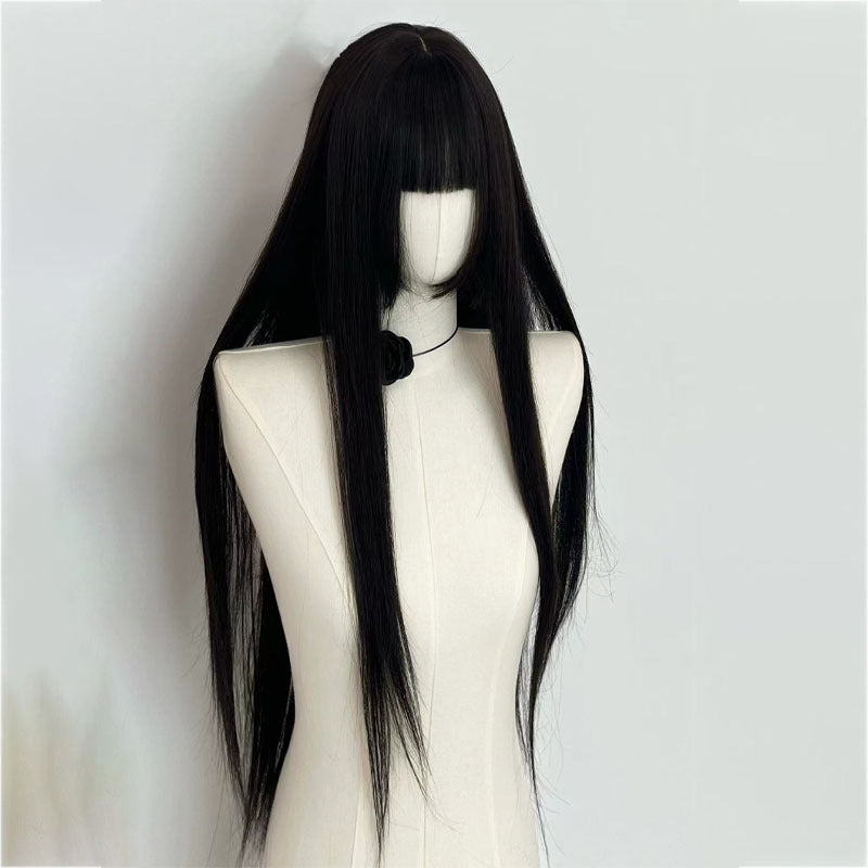 Female Natural Sideburns Bangs Hair Dark Brown Simulation Daily Lolita Long Straight Wig