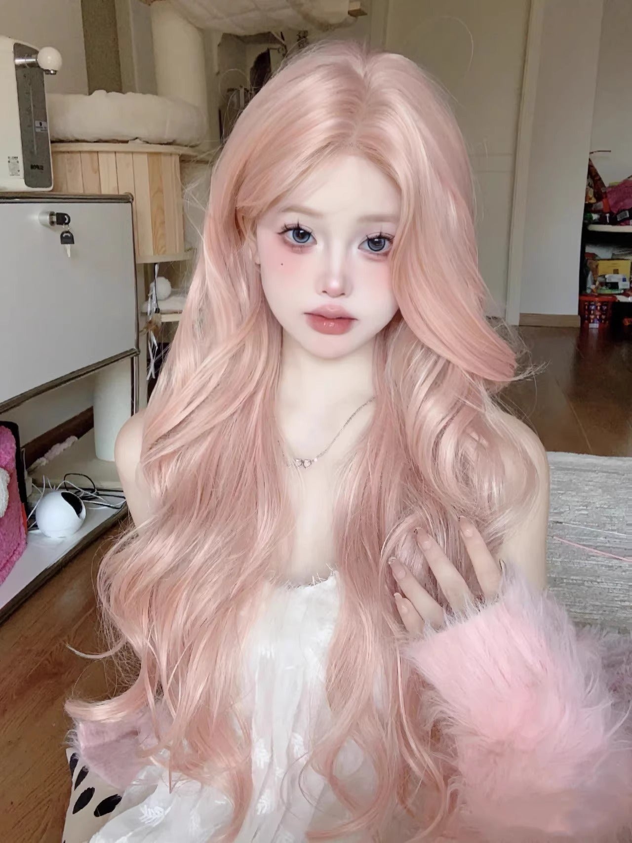 Rose Pink Hair Mid-length Bangs Big Wig Long Curls