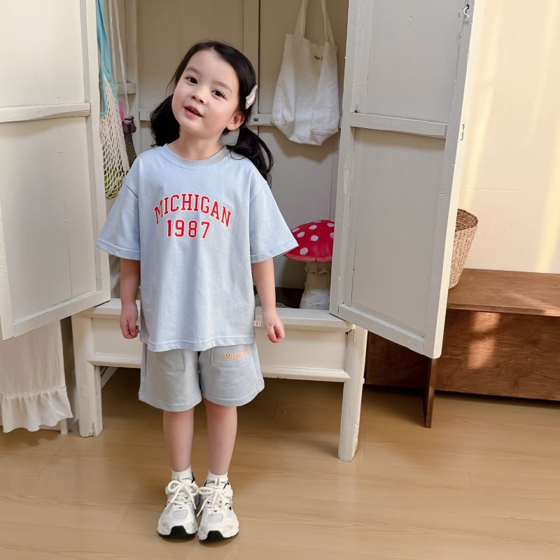 Korean Cute Printed Knitted Short-sleeved Shorts Suit Cotton Casual Children's T-shirt