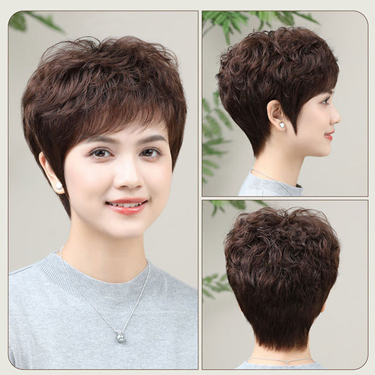 Women's Mother's Lightweight Breathable Short Hood Human Real Hair Wig