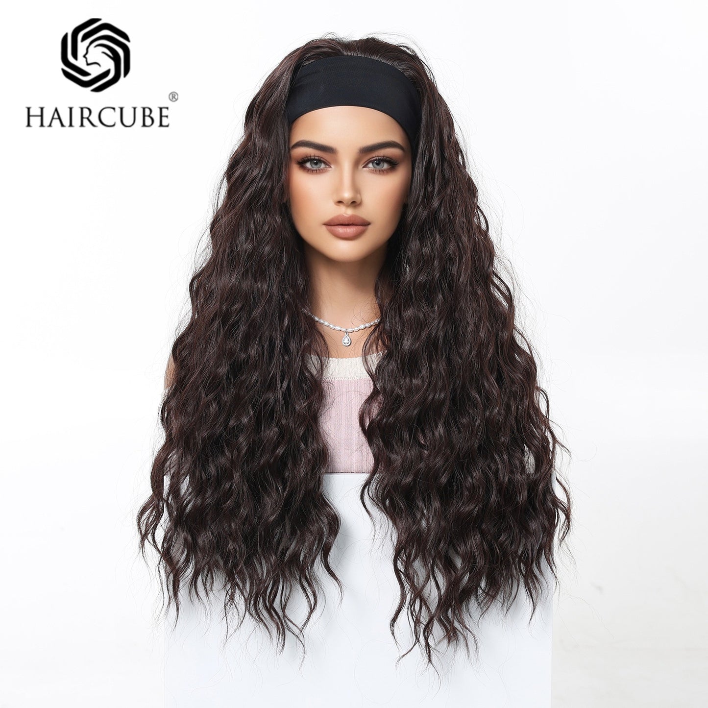 Women's Band Head Cover Small Curly Dark Brown Asian Wig Long Curls