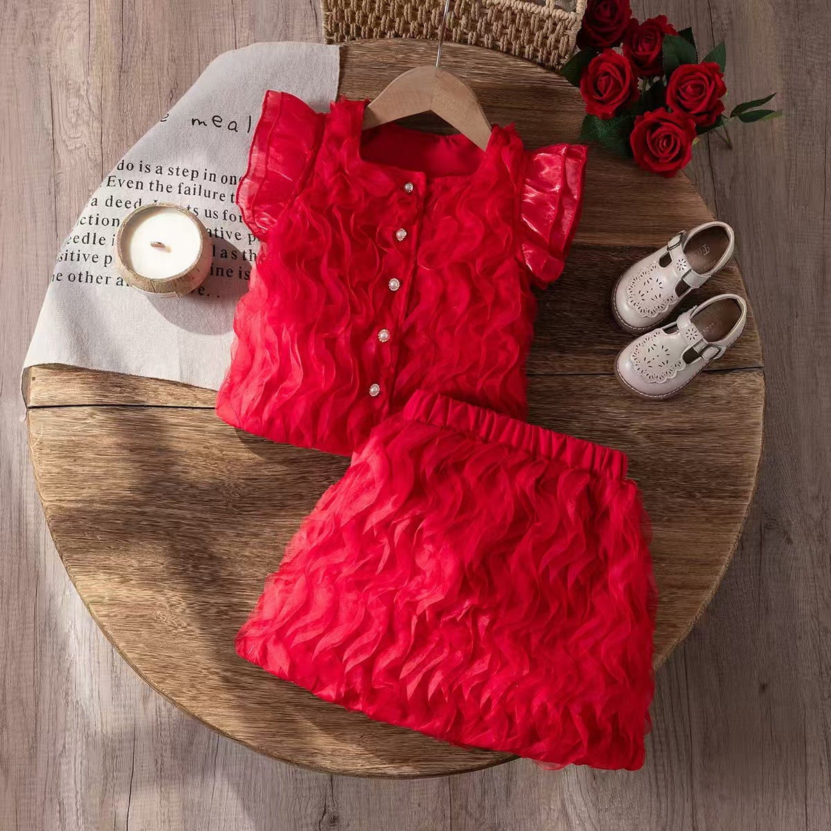 Stitching Wave Top Mid-length Dress Set Children's Suit