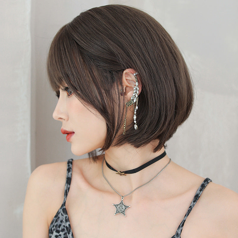 Female Head Round Face Synthetic Wigs Bangs Wig Short Straight Hair