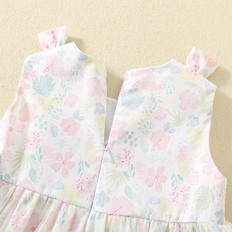 Summer Pink Smocking Princess Cute Bunny Embroidered Mesh Shirt Cotton Children's Dress