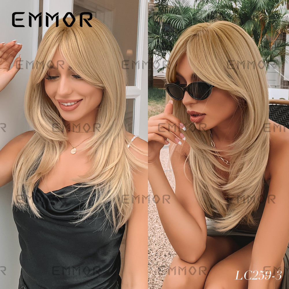 Women's Gradient Golden Bangs Hair Tail Micro Volume Fiber Wig Long Curls