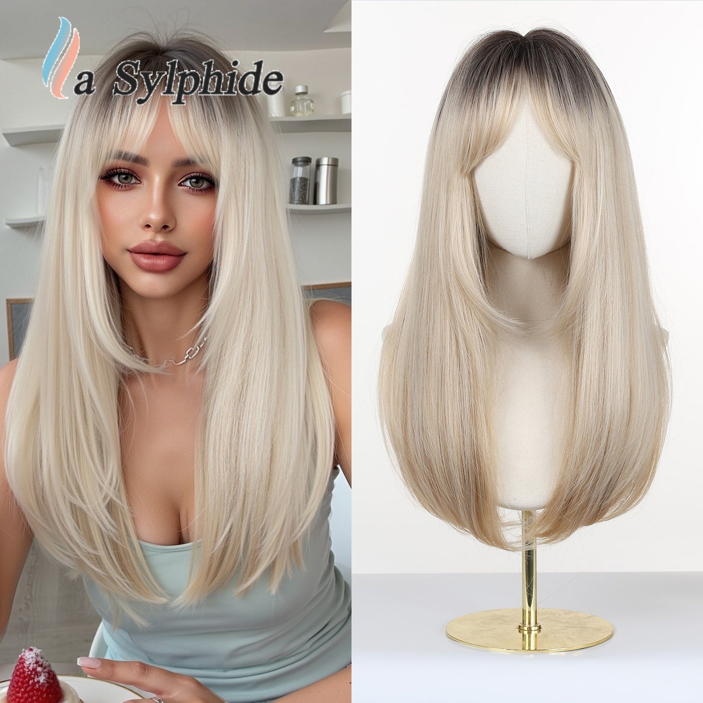 Hair Seam Gradient Golden Partial Rose Net Head Cover Chemical Long Straight Wig