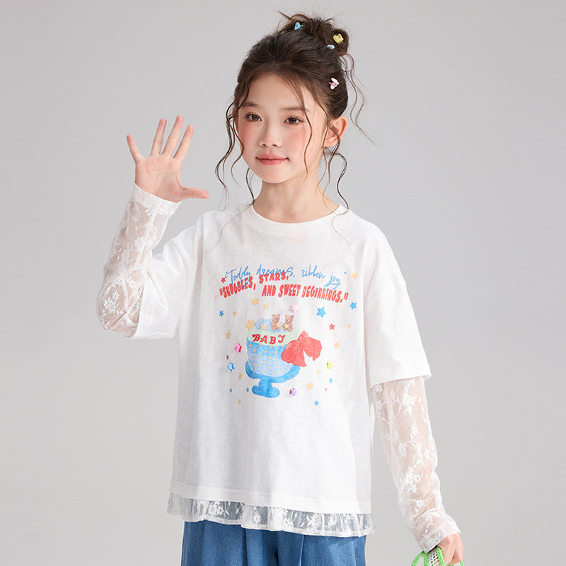 Children's Pudding Clothing Fake Two-piece Summer Lace Stitching Pure Cotton Children's T-shirt