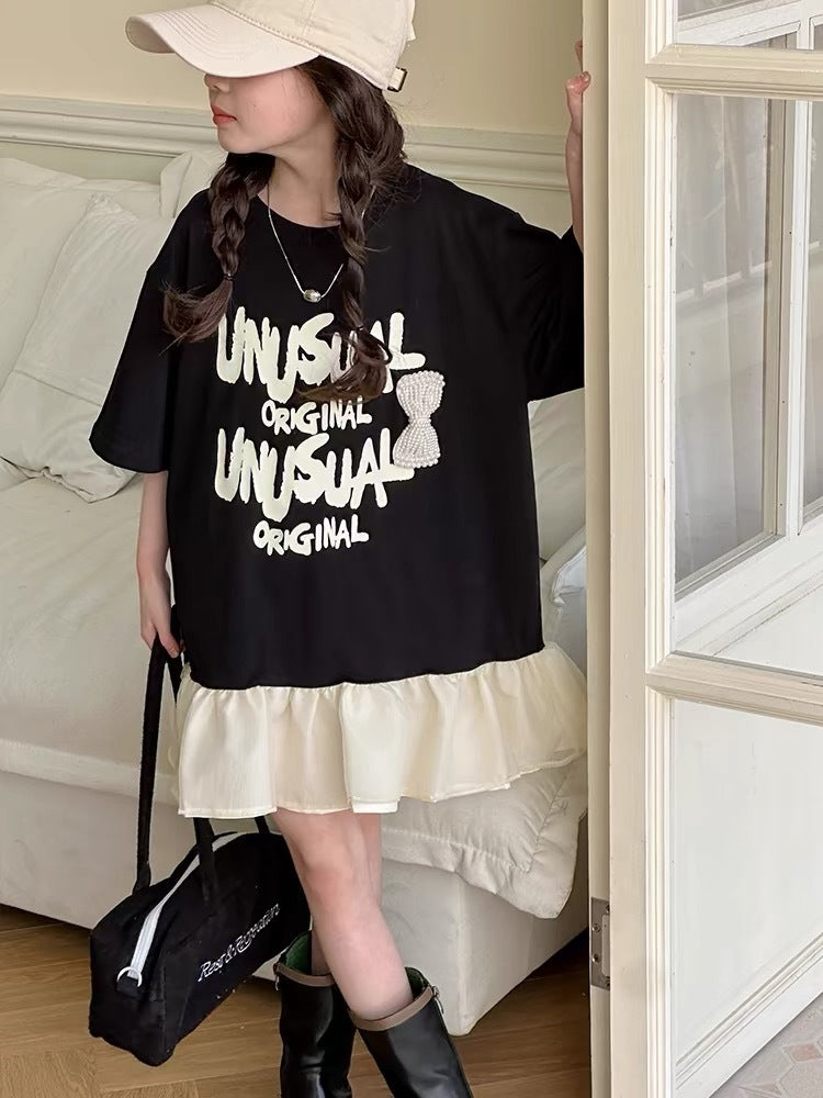 Children's Letter Print Fake Two-piece Skirt Summer Sweet Cool Style Ruffled Children's Dress
