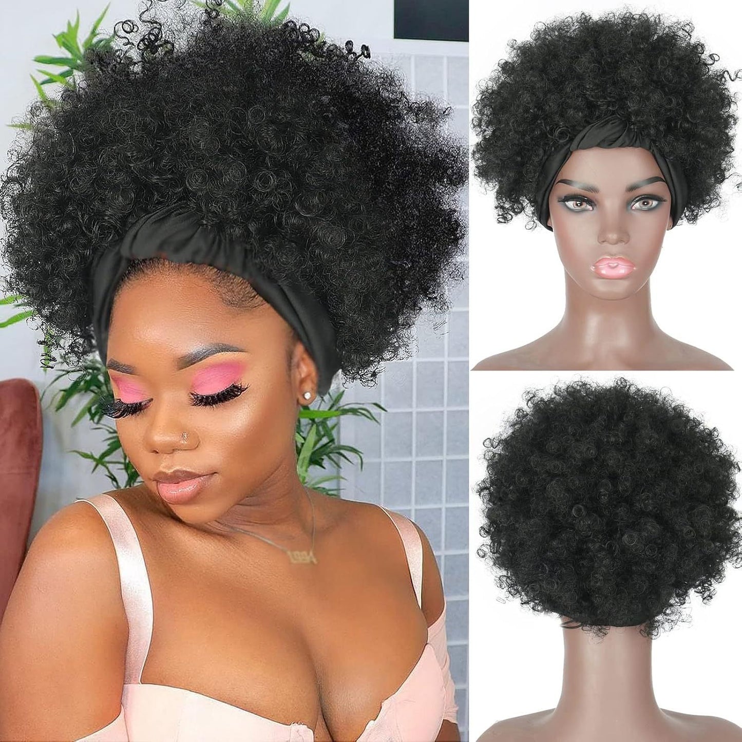 Women's African Fashion Black Small Turban Head Cover Hand Wrap Wigs Wig Short Curly Hair