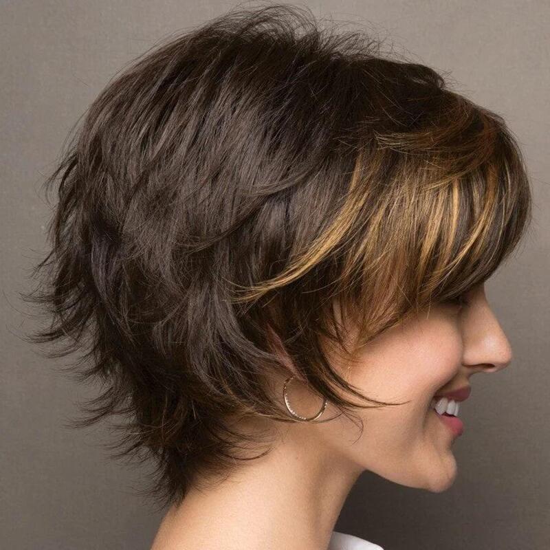 Fluffy Bangs Dark Brown Lady One Wig Short Straight Hair