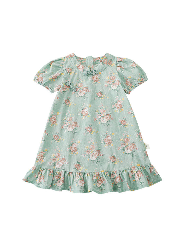 Cheongsam Summer Floral Puff Sleeve Chinese Style Rose Children's Dress