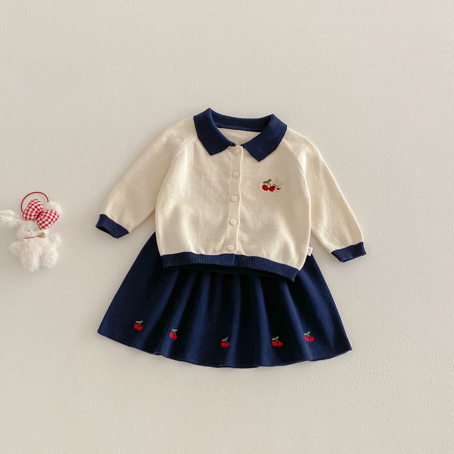 Preppy Style Spring Cherry Sweater Cardigan Skirt Two-piece Children's Suit