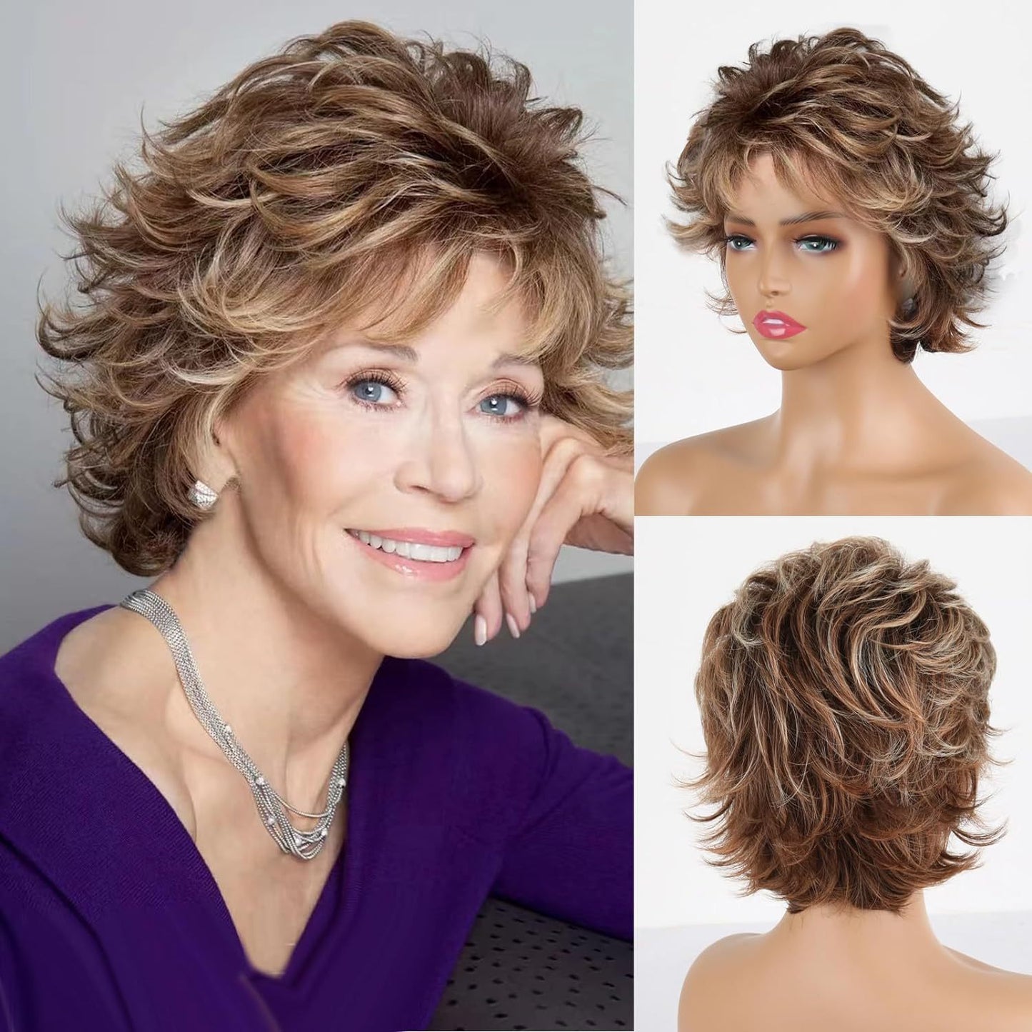 Women's Fashion Chemical Fiber Brown Partial Fluffy Wig Short Curly Hair
