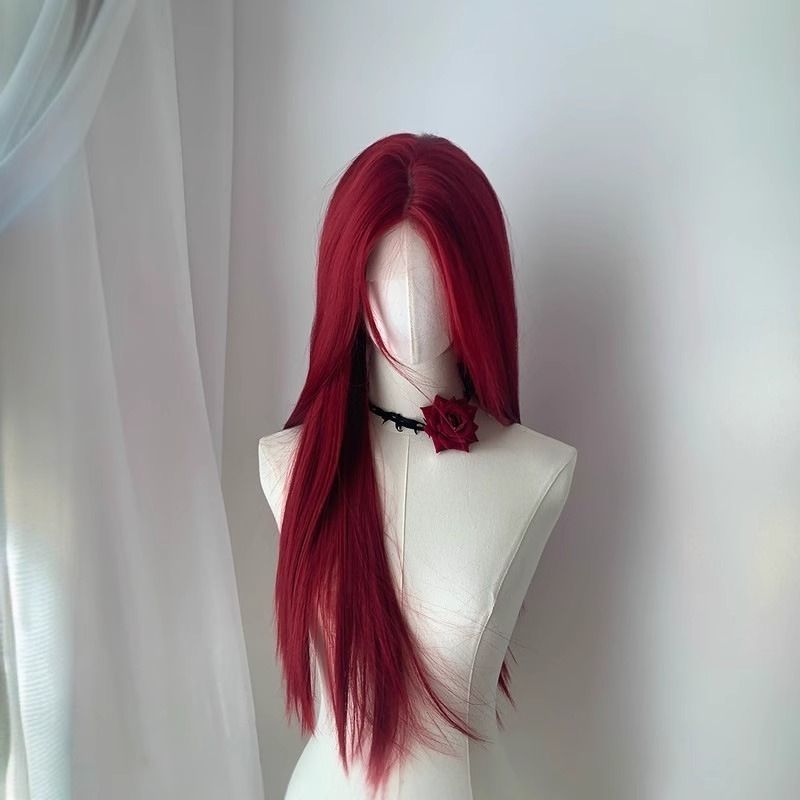 Women's Medium Thin Natural Sheath Points Raspberry Straight Wig Long Curls