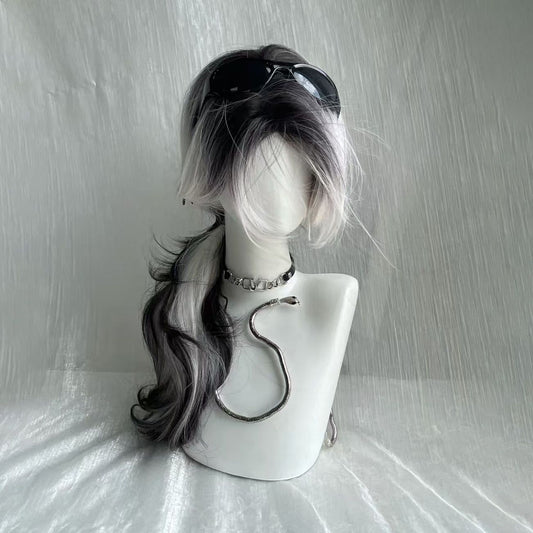 Black White Gradient Explosion Top Paris Painting Dyed Female Simulation Wig Long Curls