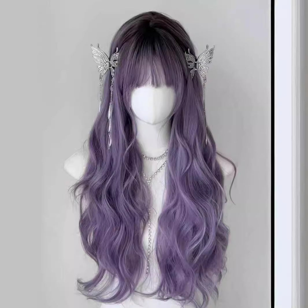 Women's Wisteria Flower Hair Purple Style Full Top Big Wave Wig Long Curls