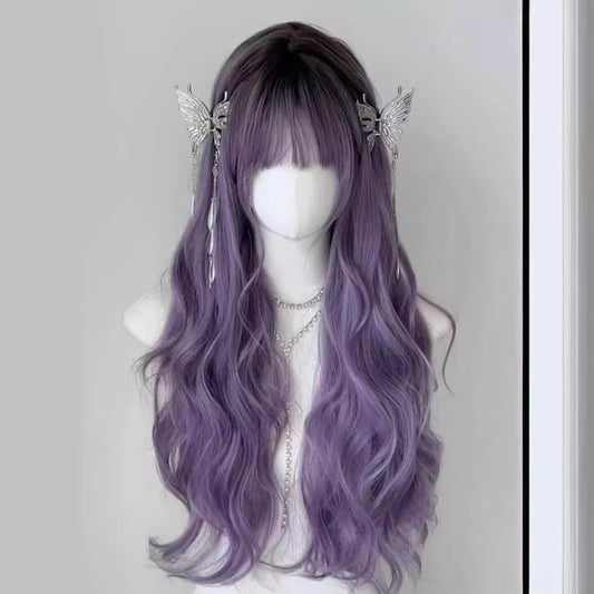 Women's Wisteria Flower Hair Purple Style Full Top Big Wave Wig Long Curls