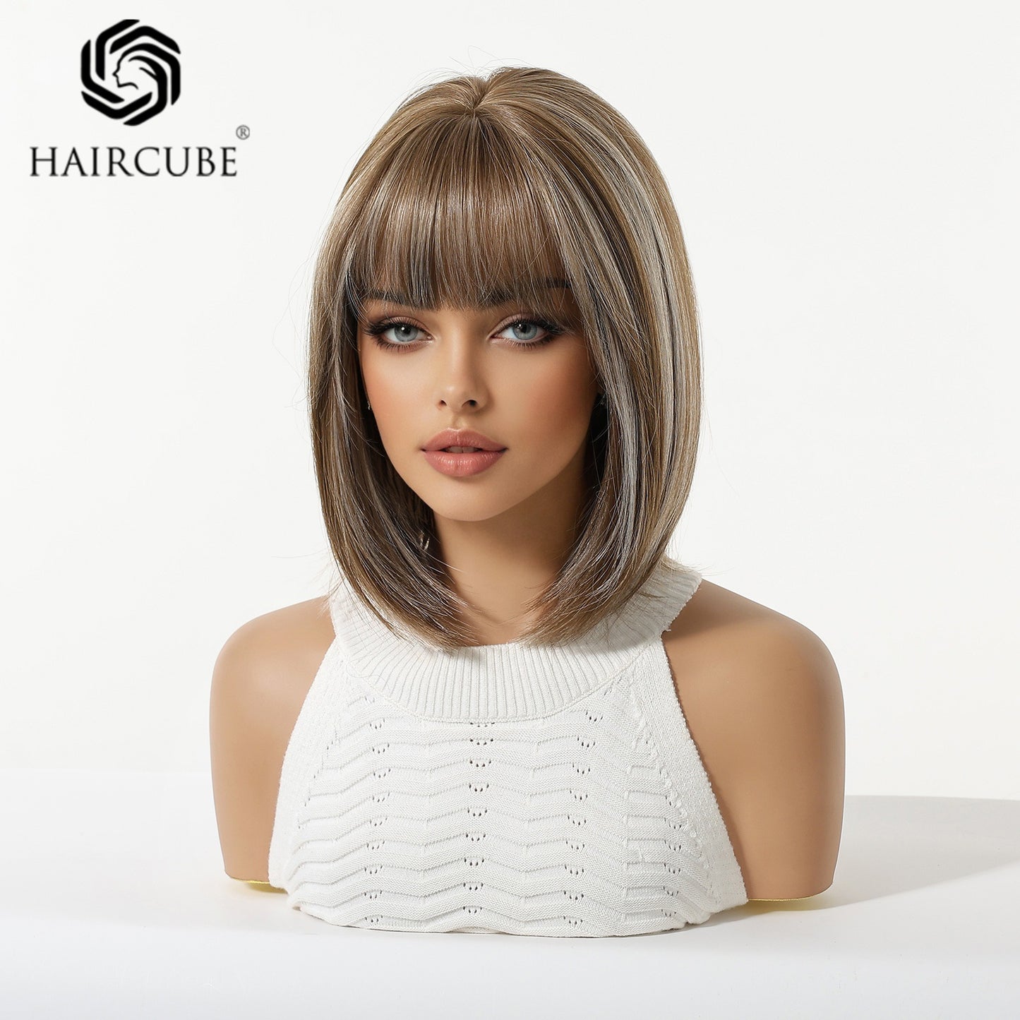 Women's Gradient Brown Highlights Artificial Human Fiber Wig Short Straight Hair