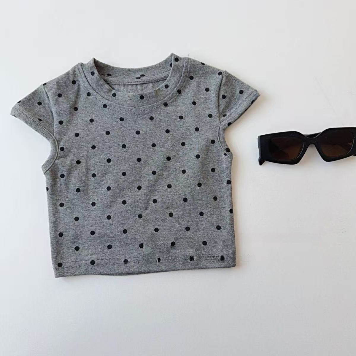 Dot Printed Short Sleeve Slim Round Neck Bottoming Shirt Top Children's T-shirt