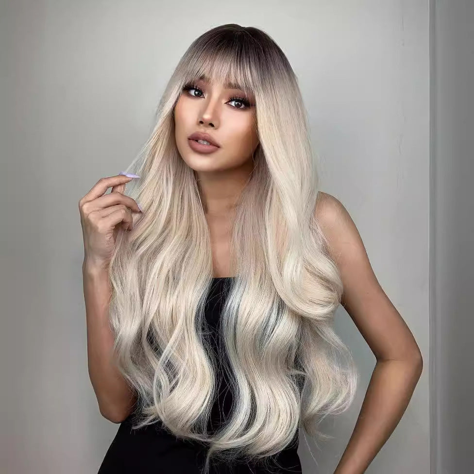 Straight Bangs Curly Hair Gradient White Gold Color Mechanism Wig Long Curls