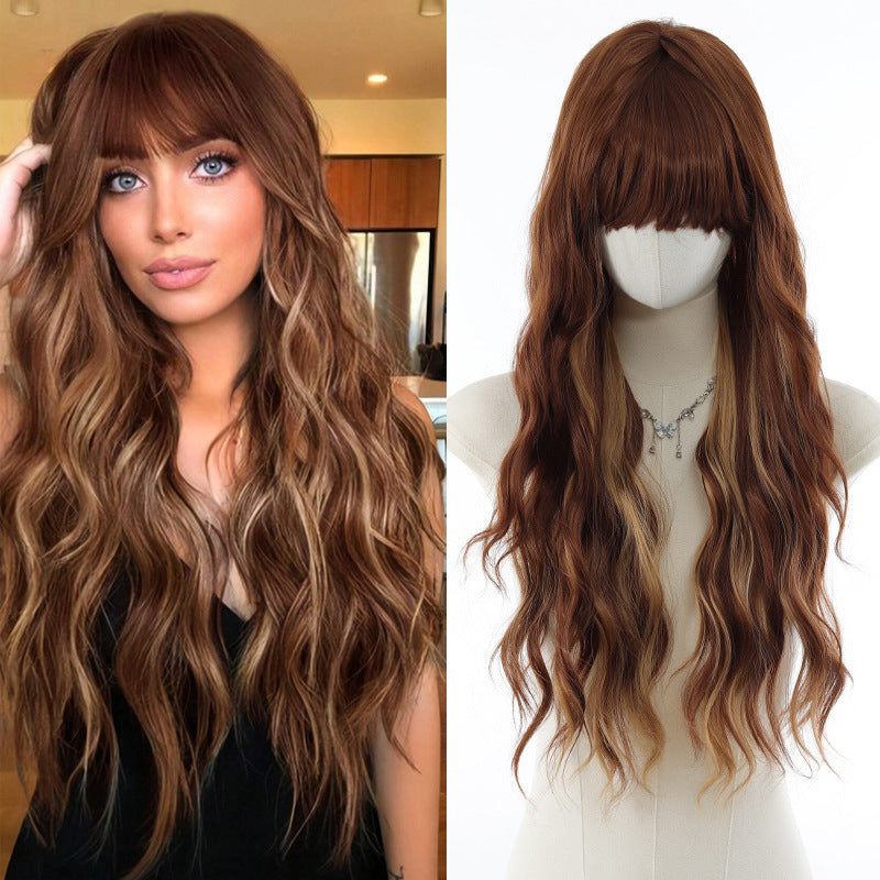 Natural Simulation Scalp Head Dyed Black Brown Hair Straight Bangs Wig Long Curls