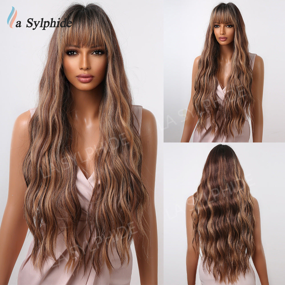 Female Dark Brown Dyed Light Bangs Curly Hair Mechanism Head Wig Long Curls