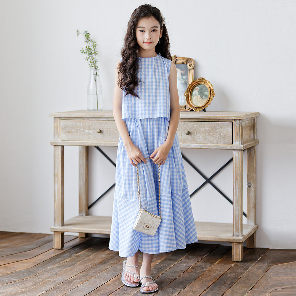 Summer Set Medium Large Sweet Blue White Plaid Suit Skirt Children's Dress
