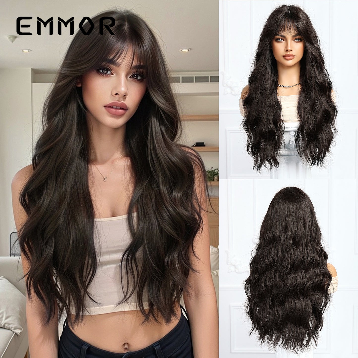 Air Bangs Natural Black Water Corrugated Wig Long Curls