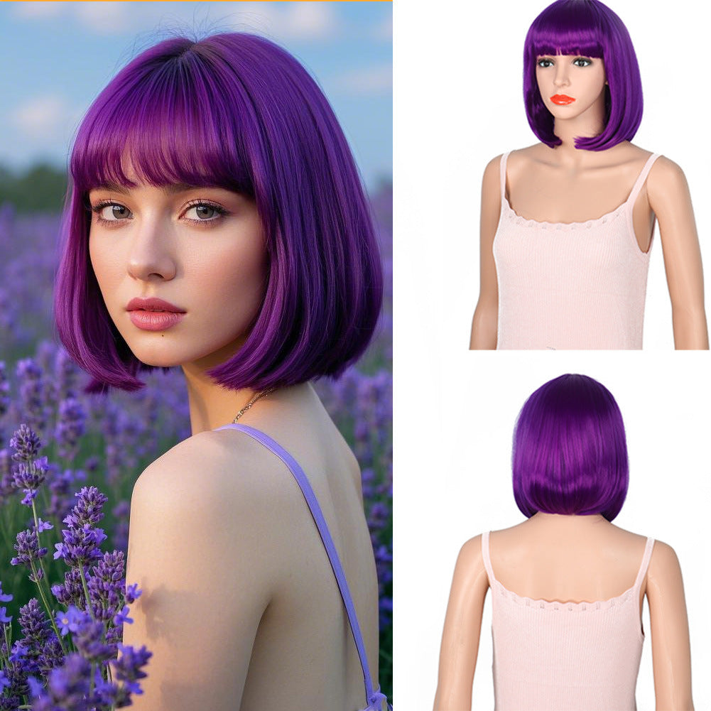 Women's Fashion Long Black Head Cover With Wig Short Straight Hair