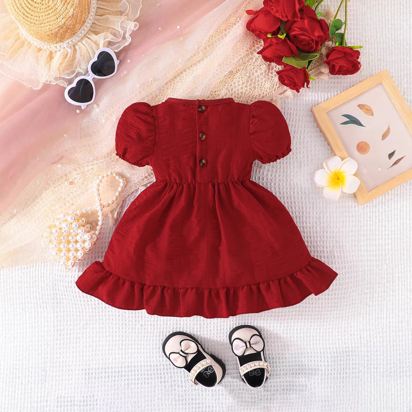 Summer Burgundy Puff Sleeve Bow Princess Western Children's Dress