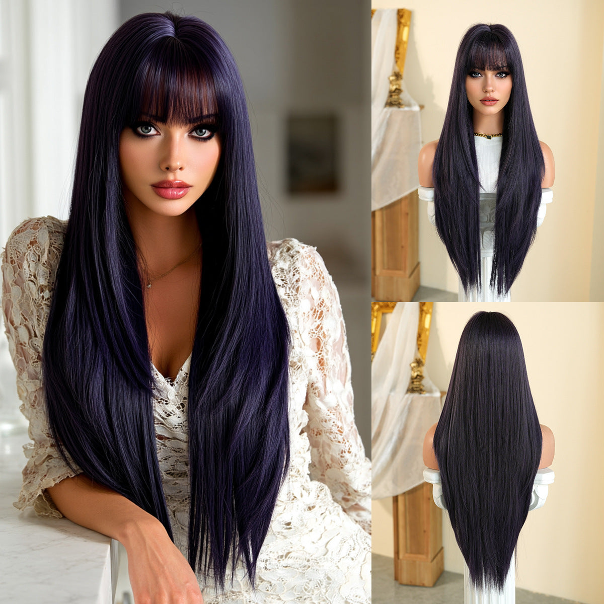 Black Full Top Bangs High Quality Chemical Long Straight Wig