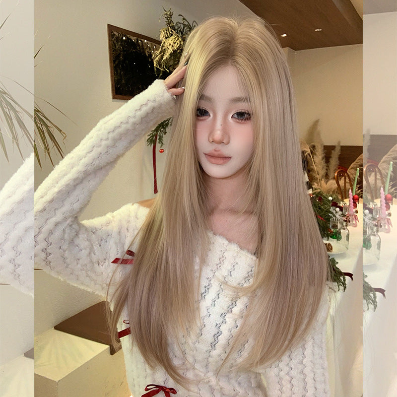 Female Korean Style Face Trimming Temperament Mid-point Hand Crocheting Lace Long Straight Wig