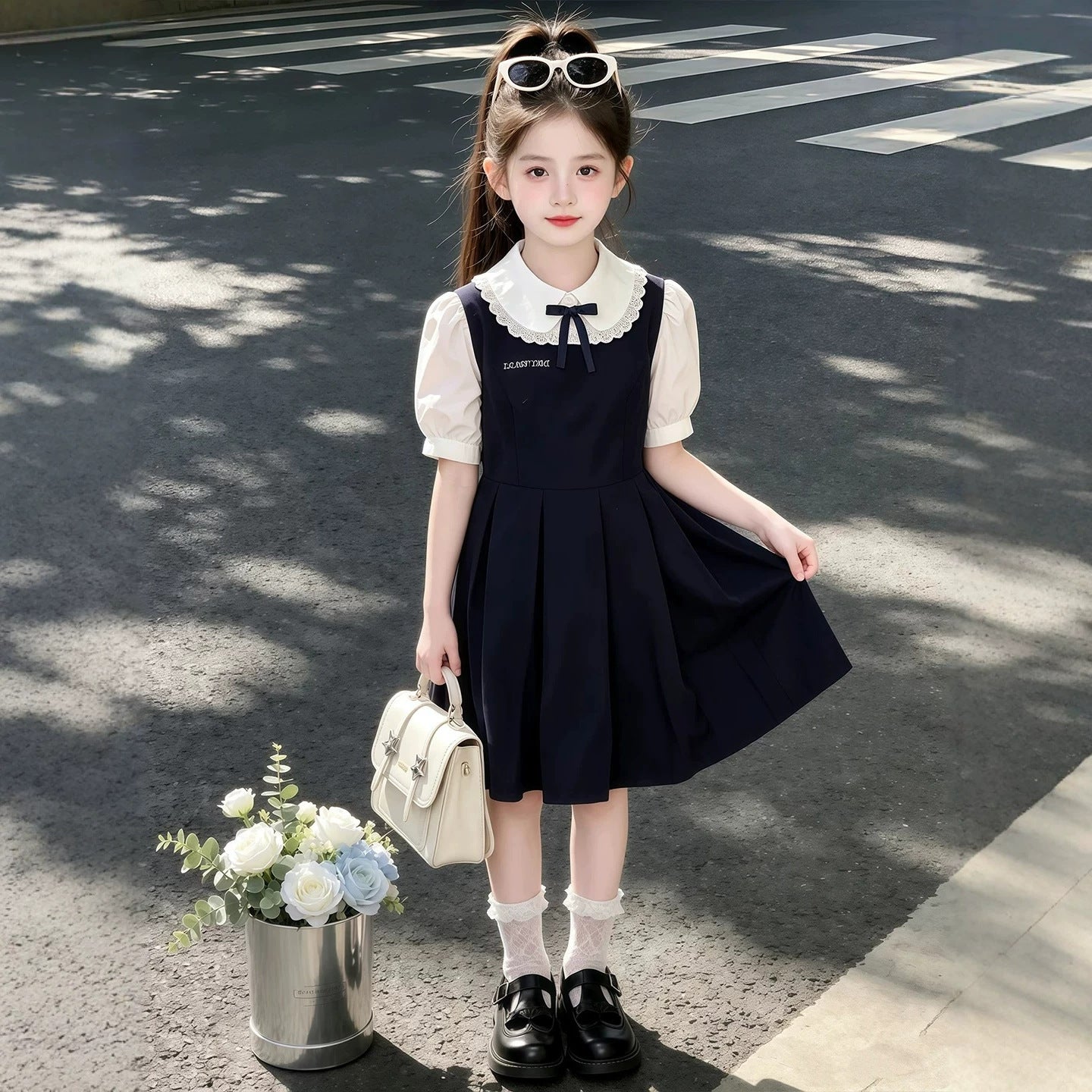 Summer Sweet Teens Short Sleeve Doll Collar Fake Two-piece Skirts Children's Dress