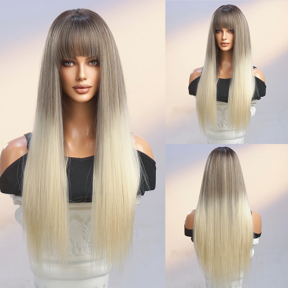 Bangs Champagne Brown Hair Dignified Goddess Chemical Long Straight Wig