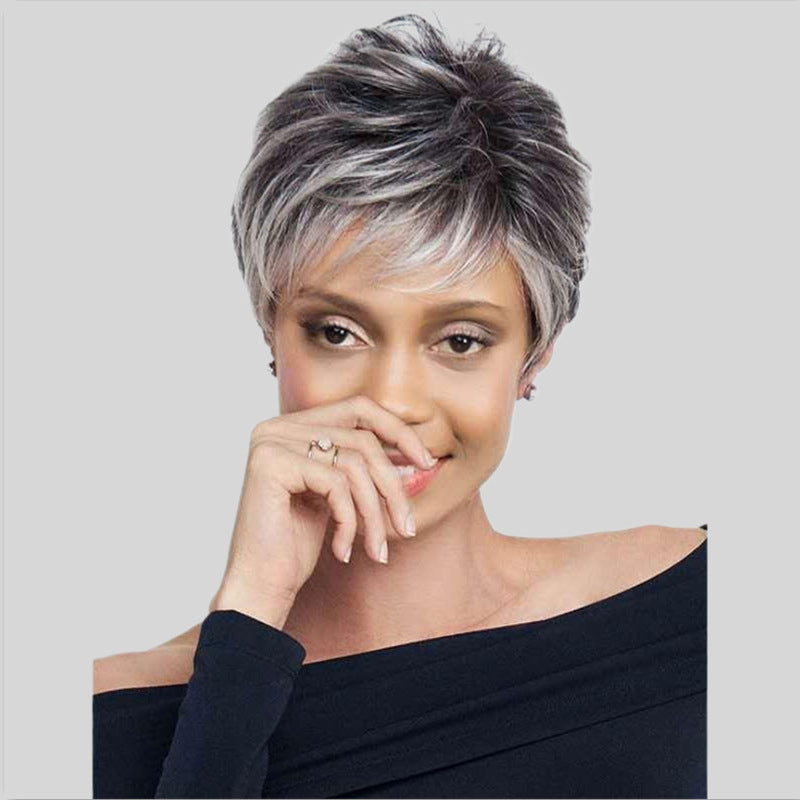 Women's Gray White Small Roll Tube Split Fiber Piece Wig Short Straight Hair