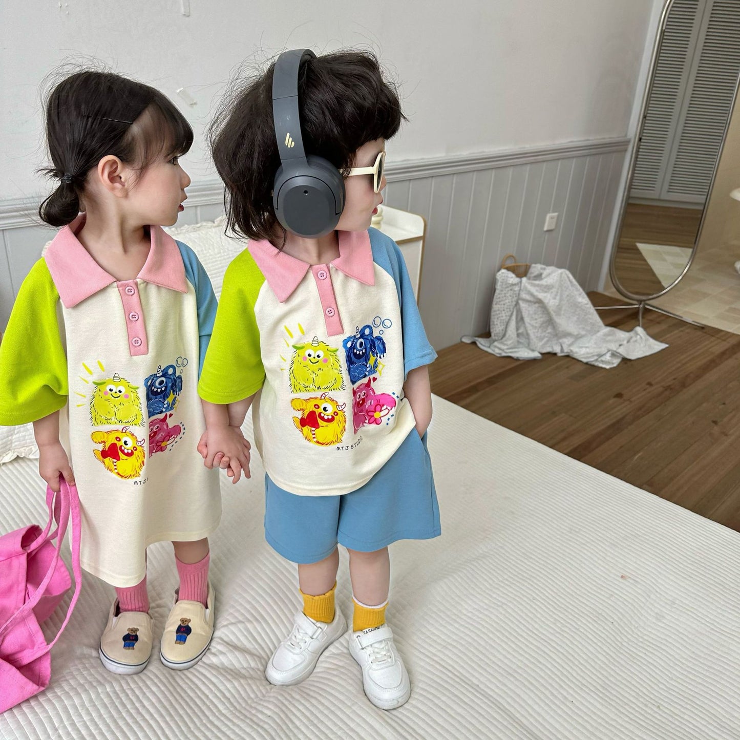 Children's Cartoon Color Matching Sleeve Shirt Short Shorts Children's Suit