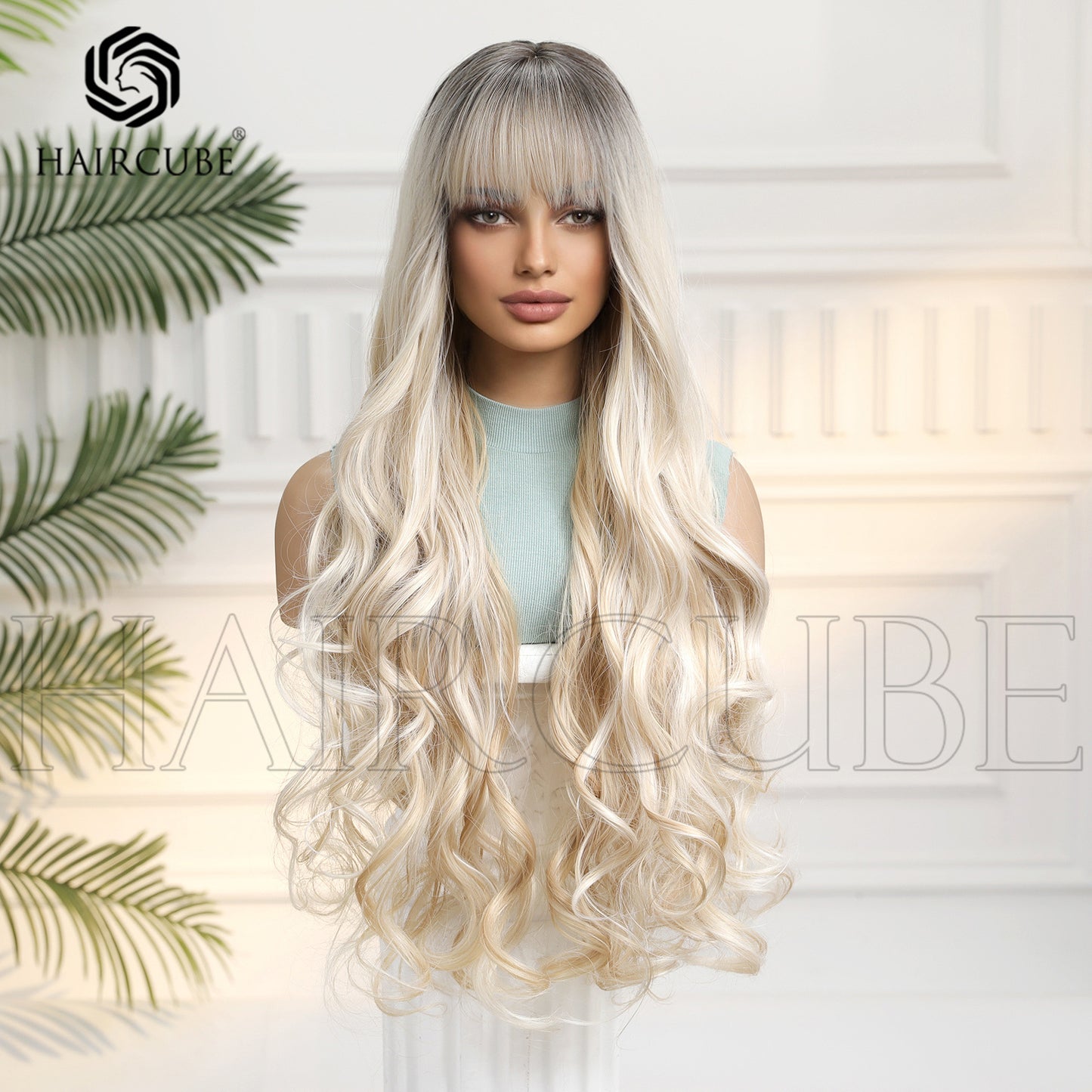 Dark Brown White Gold Color Highlight Wig Long Curls
